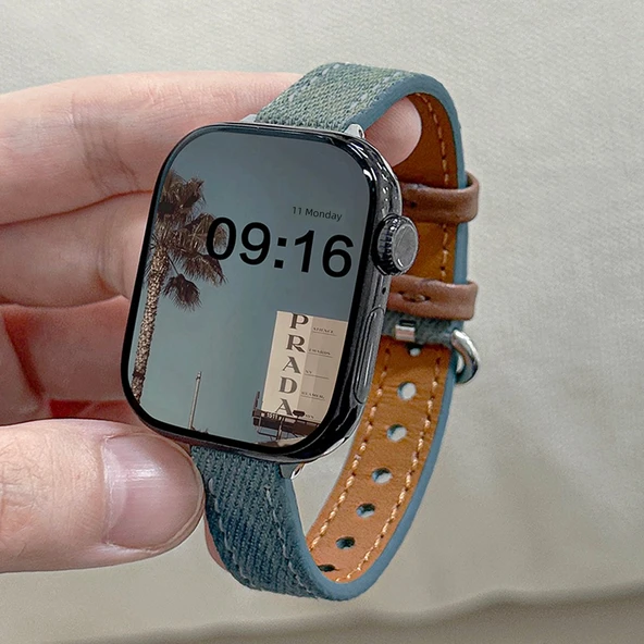 Apple Watch 49mm Uyumlu Tie Dye Desenli Denim Deri Kordon - Koyu Mavi