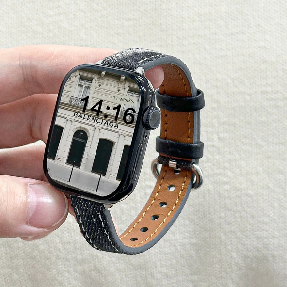 Apple Watch 49mm Uyumlu Tie Dye Desenli Denim Deri Kordon - Siyah