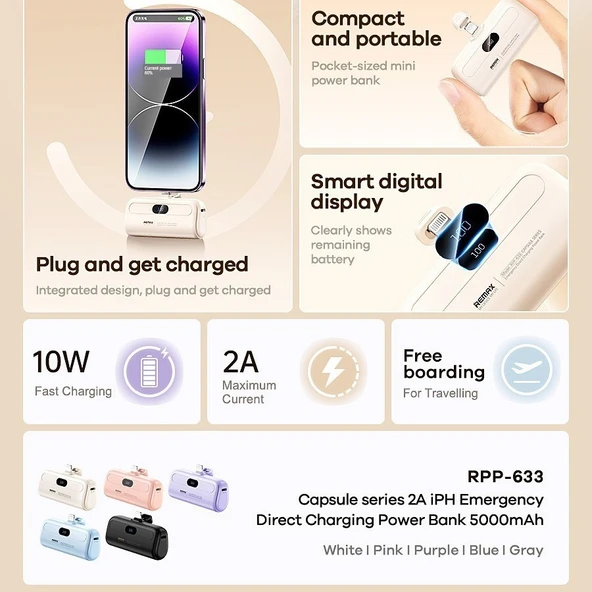 5000mAh Kompakt Taşınabilir Şarj Aleti - Ay Işığı Beyazı - Type-C - Resim 2