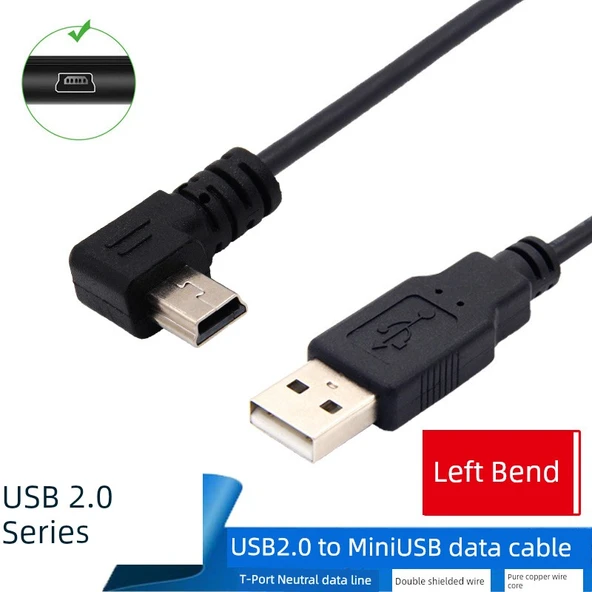USB - Mini USB Şarj ve Data Kablosu - 1.5m, Düz - Sol Köşeli