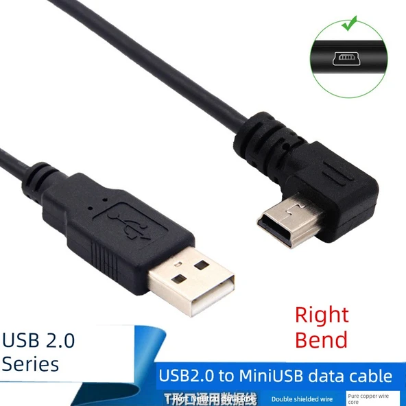 USB - Mini USB Şarj ve Data Kablosu - 1.5m, Düz - Sağ Köşeli