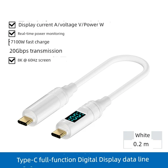 Type-C Data Kablosu - 0.2M Beyaz - Dijital Ekranlı - PD 100W Hızlı Şarj