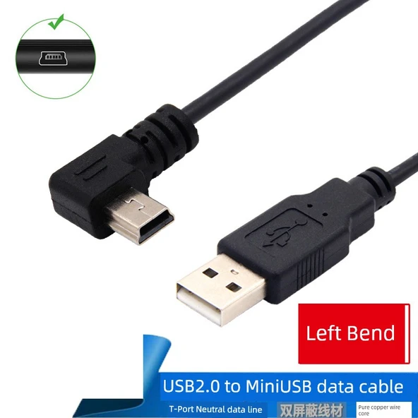 USB - Mini USB Şarj ve Data Kablosu - 1m, Düz - Sol Köşeli