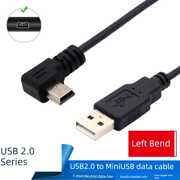 USB - Mini USB Şarj ve Data Kablosu - 3m, Düz - Sol Köşeli