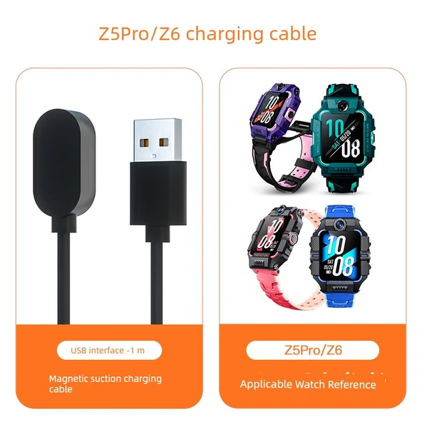 Çocuk Akıllı Saat Şarj Kablosu - [Z6/Z5Pro] Modelleri için Korumalı Özel Şarj Kablosu - Siyah