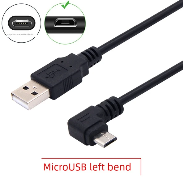 USB - Micro USB Şarj ve Data Kablosu - 1m, Düz - Sol Köşeli