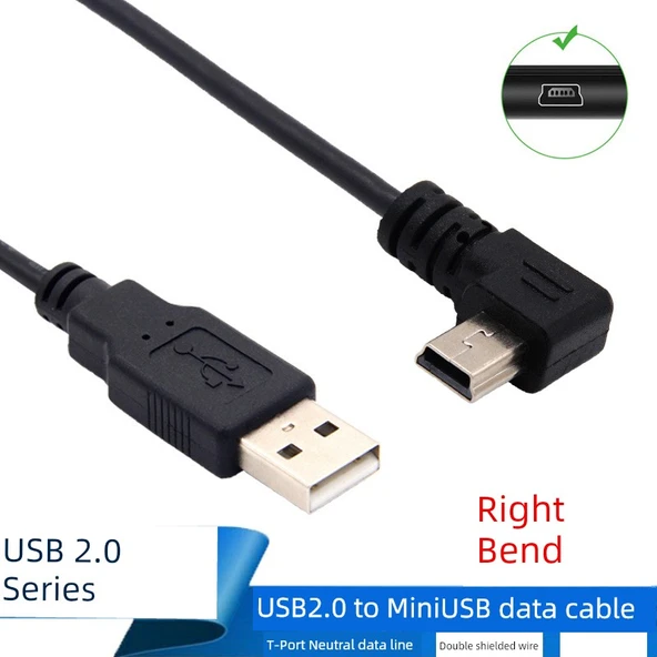 USB - Mini USB Şarj ve Data Kablosu - 0.25m, Düz - Sağ Köşeli