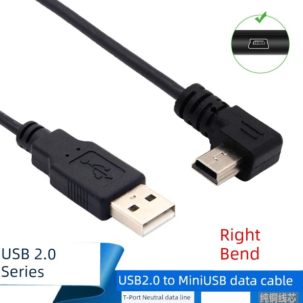 USB - Mini USB Şarj ve Data Kablosu - 0.5m, Düz - Sağ Köşeli