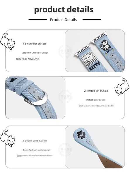 Xiaomi 7pro Kot İşlemeli Kedi Desenli Mor Siyah Saat Kordonu - 9
