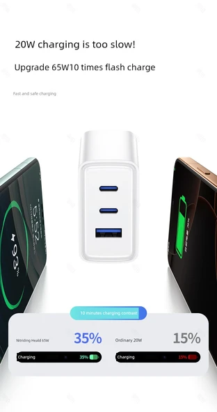 65W GaN PD Hızlı Şarj Aleti - Üç Port Hızlı Şarj + C - C Kablo 1m - 6