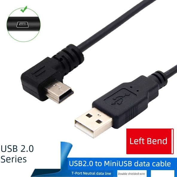 USB - Mini USB Şarj ve Data Kablosu - 5m, Düz - Sol Köşeli