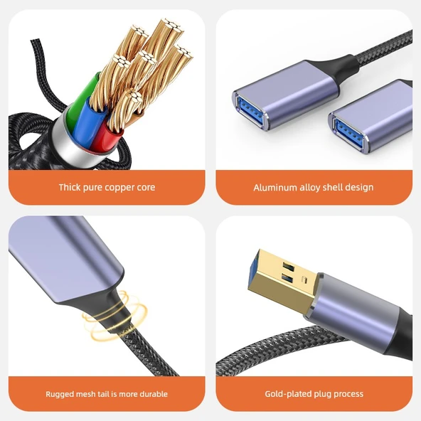 USB 2.0 Uzatma Kablosu - 1.2m - 2 USB Dişi Port - 5