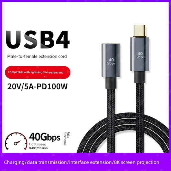 USB4 Type-C Erkek - Dişi Uzatma Kablosu - 0.8 Metre