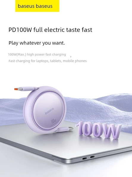 100W Teleskopik USB-C - Type-C Data Kablosu - 1 Metre Mor - Manyetik Saklama - 3