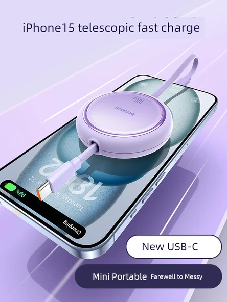 100W Teleskopik USB-C - Type-C Data Kablosu - 1 Metre Mor - Manyetik Saklama - 2