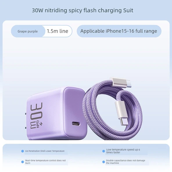 30W GaN PD Hızlı Şarj Aleti ve 1.5m Kablo - Grape Moru (15-16 Serisi)