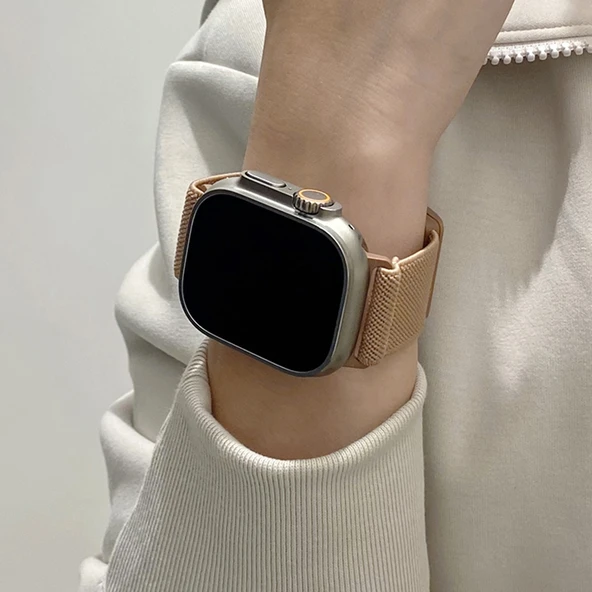 Apple Watch 42/44/45/49mm (1-9. Nesil) Sütlü Çay Naylon Manyetik Kordon - 7