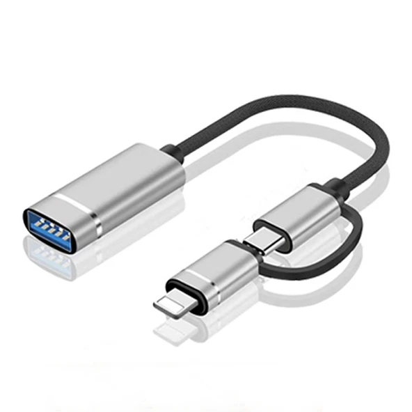 Evrensel OTG Adaptörü - Gümüş (Apple/Type-C 2'si 1 Arada)
