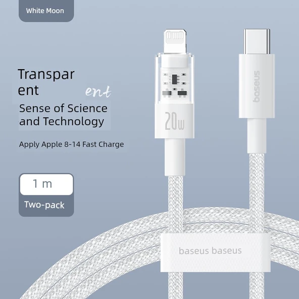 Şeffaf Hızlı Şarj Kablosu - Haoyue Beyazı 1m (2'li Paket, Type-C - Apple)