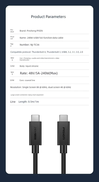 USB4 Data Kablosu - 1 Metre - 40Gbps - 240W - 8K - 11