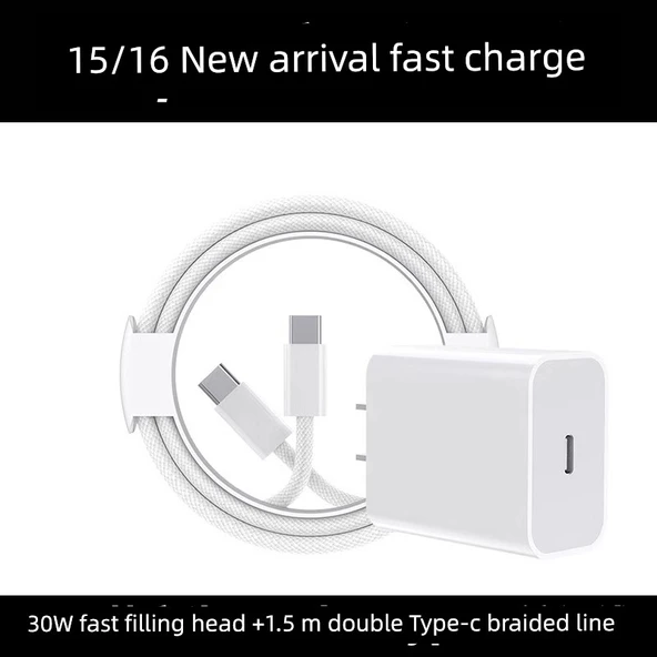 iPhone 15/16 30W Hızlı Şarj Başlığı + USB-C Örgülü Kablo 1.5m