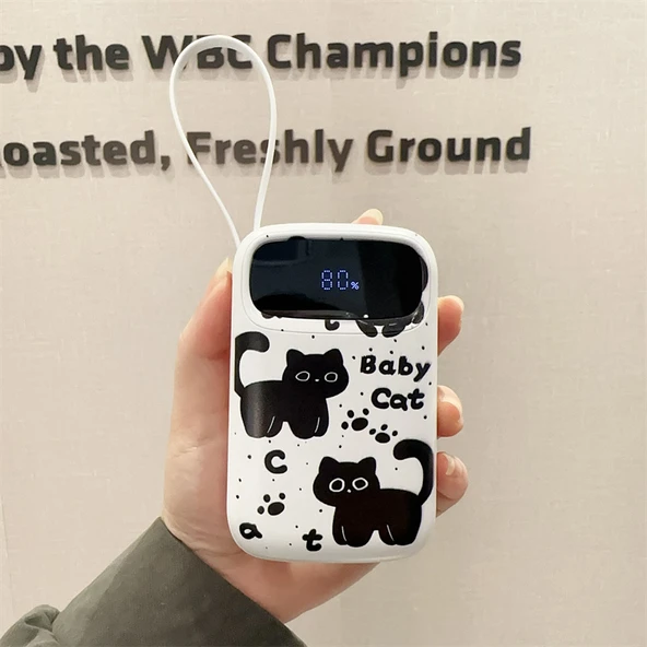 10W Standart 30000mAh Powerbank - Kömür Topu Siyah Kedi Desenli, 4 Kablolu