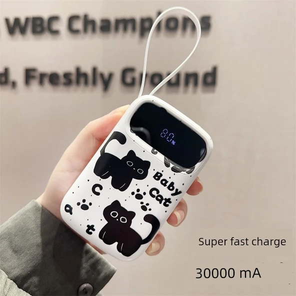 30W Hızlı Şarj 10000mAh Powerbank - Pembe Yuvarlak Kedi Desenli, 4 Kablolu - 2