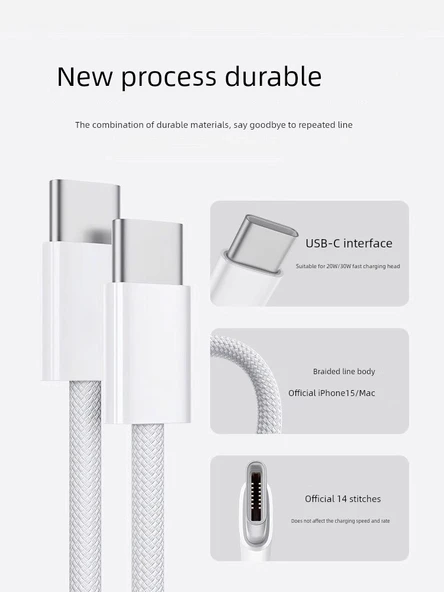 iPhone 15/16 Özel 20W Hızlı Şarj Aleti + 1.5m Çift Type-C Örgülü Kablo Seti - 4