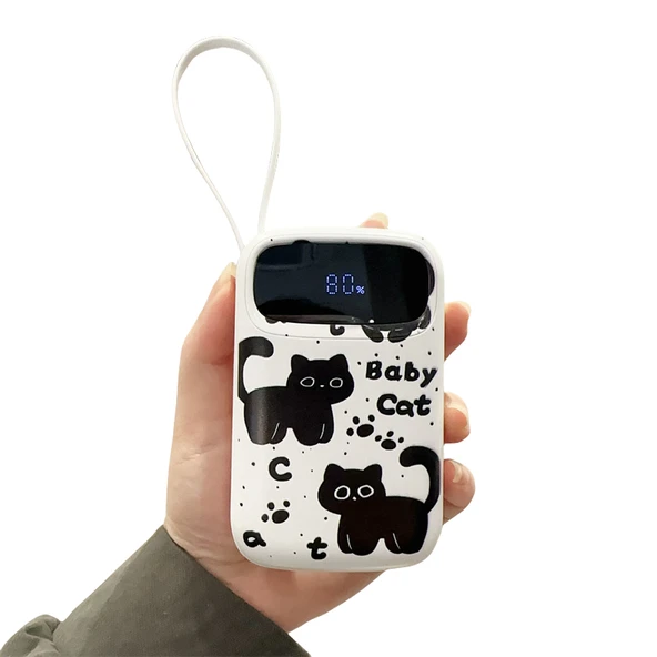 30W Hızlı Şarj 10000mAh Powerbank - Pembe Yuvarlak Kedi Desenli, 4 Kablolu - 6