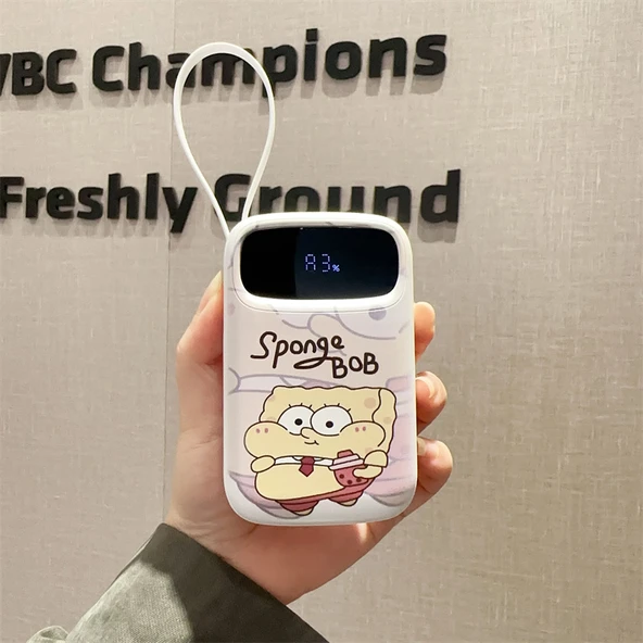 30W Hızlı Şarj 10000mAh Powerbank - Sünger Bob Desenli, 4 Kablolu