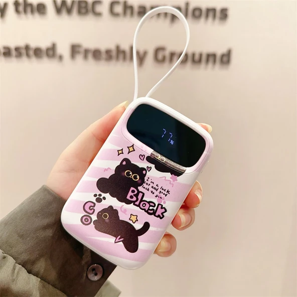 30W Hızlı Şarj 10000mAh Powerbank - Pembe Yuvarlak Kedi Desenli, 4 Kablolu