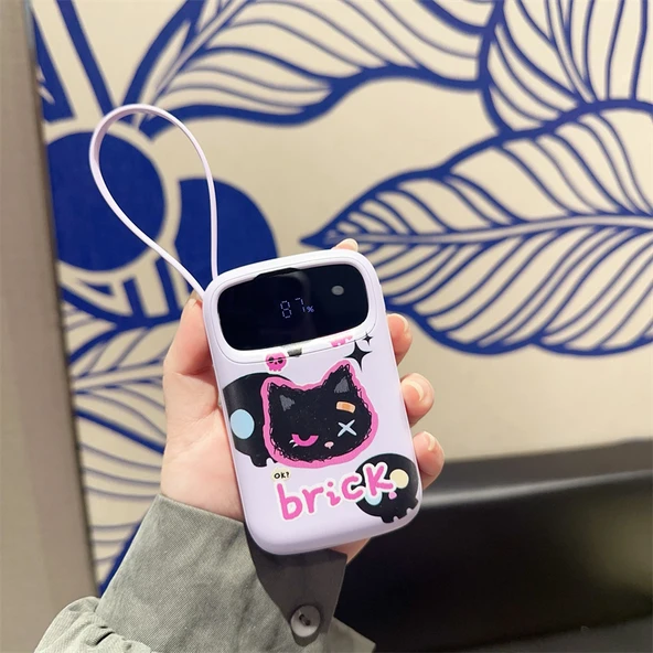 30W Hızlı Şarj 30000mAh Powerbank - Mor Kedi Kafası Desenli, 4 Kablolu