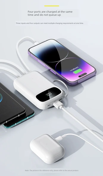 30W Hızlı Şarj 10000mAh Powerbank - Pembe Yuvarlak Kedi Desenli, 4 Kablolu - 10
