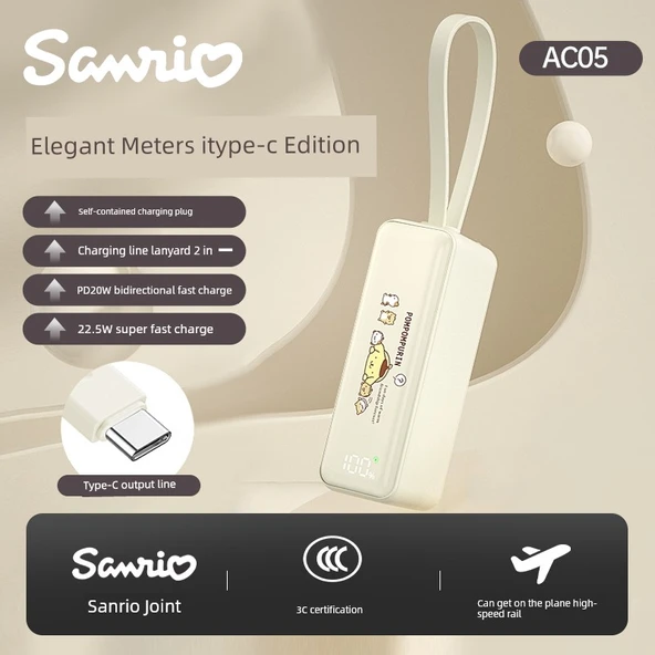 Sanrio Taşınabilir Powerbank 5000mAh - Krem Beyazı - Type-C - Apple 15-16/Android