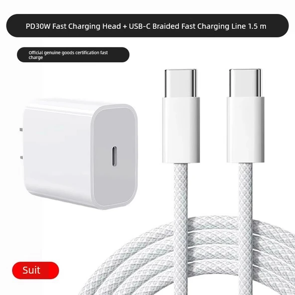iPhone 15/16 Özel 30W Hızlı Şarj Aleti + 1.5m Çift Type-C Örgülü Kablo Seti
