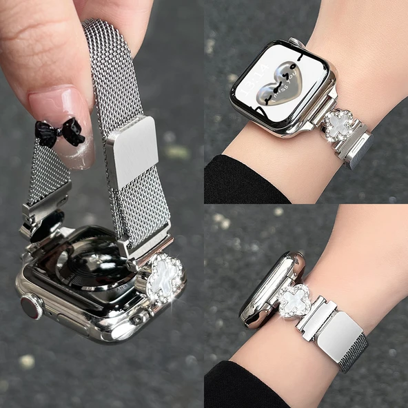Xiaomi Bileklik 7pro Metal Mıknatıslı Kayış - Dört Yapraklı Yonca Gümüş