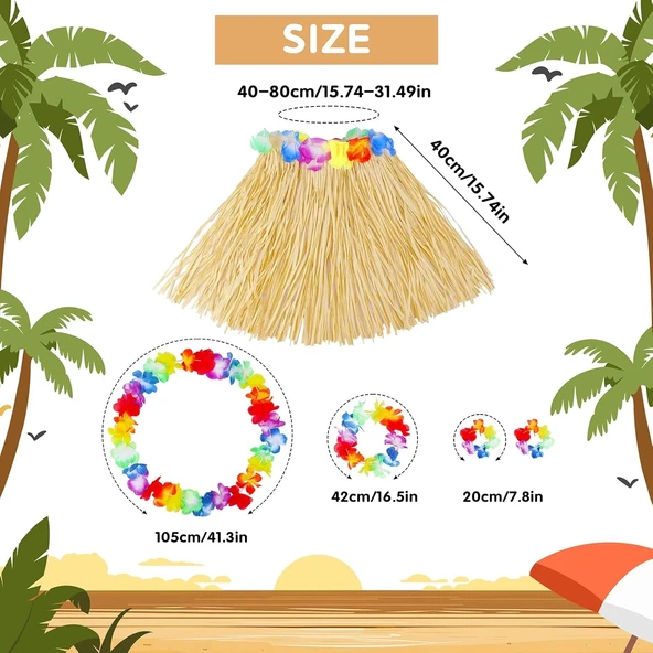 Yetişkin Çocuk Hawaii Parti Seti - 40 Cm Naturel Etek + Çiçek Aksesuarlar (5 Parça) - 3
