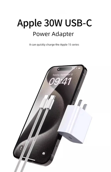 iPhone 15/16 Özel 20W Hızlı Şarj Aleti + 1.0m Çift Type-C Örgülü Kablo Seti - 8