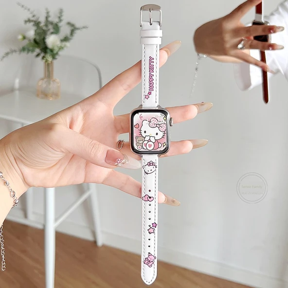 Huawei Watch FIT3 Uyumlu Hello Kitty Desenli Beyaz Deri Kordon