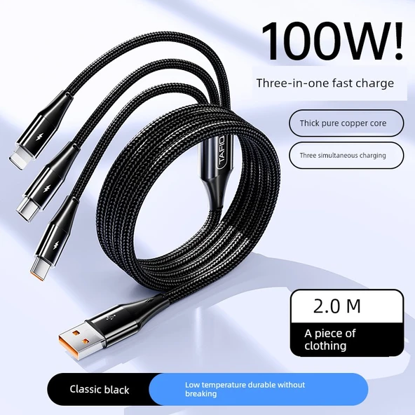 100W 6A USB Şarj Kablosu 3'ü 1 Arada - 2 Metre - Siyah - Tekli Paket