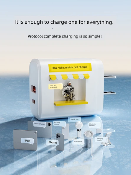 30W Çift Port GaN PD Hızlı Şarj Aleti - Uzak Tepe Mavi 1.0m Örgülü Kablo - Resim 3