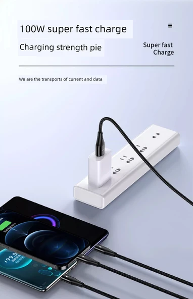 100W 6A USB Şarj Kablosu 3'ü 1 Arada - 2 Metre - Siyah - Tekli Paket - 11