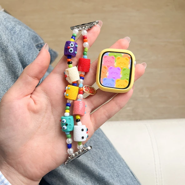 Apple Watch 42mm iwatch 1/2/3 Uyumlu Küçük Canavar Desenli Elastik Kordon + Sarı Koruyucu Kılıf (13-15cm Bilek)