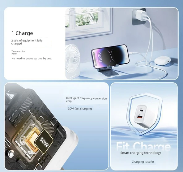 30W Çift Port GaN PD Hızlı Şarj Aleti - Uzak Tepe Mavi 1.0m Örgülü Kablo - Resim 6