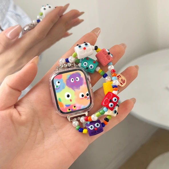 Apple Watch 40mm iwatch 4/5/6/SE Uyumlu Küçük Canavar Desenli Elastik Kordon + Şeffaf Koruyucu Kılıf (13-15cm Bilek)