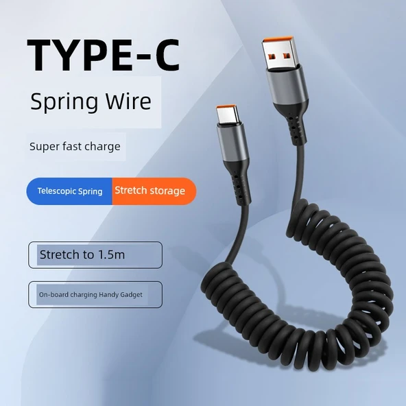 Çift Type C - Lightning Yaylı Teleskopik Araç Data Kablosu - Çift Type C Yeşil 100W Alaşım - 5