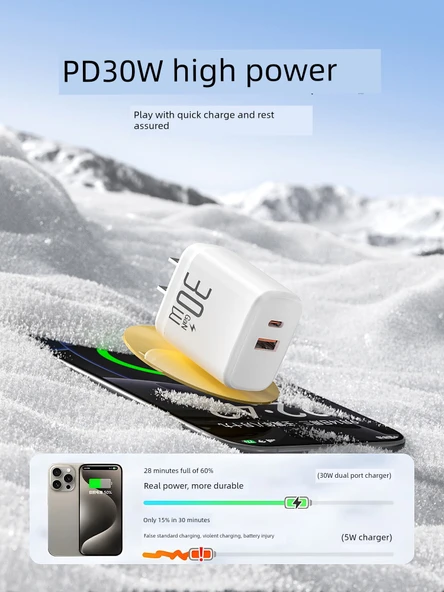 30W Çift Port GaN PD Hızlı Şarj Aleti - Uzak Tepe Mavi 1.0m Örgülü Kablo - Resim 2