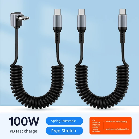 Çift Type C - Lightning Yaylı Teleskopik Araç Data Kablosu - Çift Type C Siyah 100W Alaşım - 2