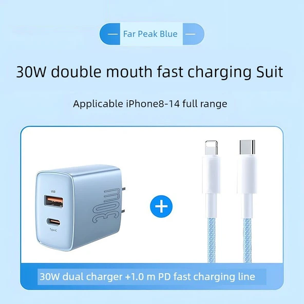 30W Çift Port GaN PD Hızlı Şarj Aleti - Uzak Tepe Mavi 1.0m Örgülü Kablo