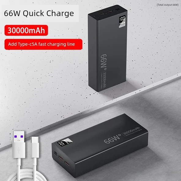 66W Süper Hızlı Şarj 20000mAh Powerbank - Şövalye Siyahı - 30000mA Süper Hızlı Şarj + 5A Hızlı Şarj Kablosu